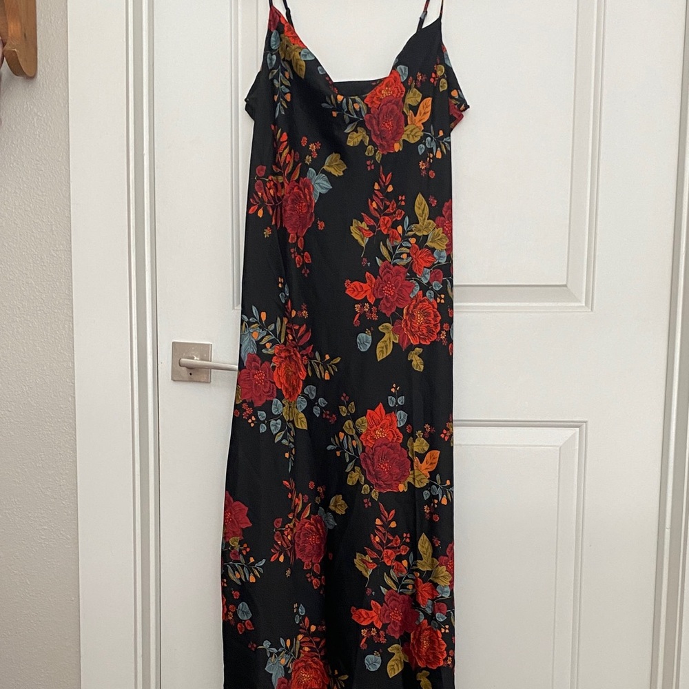 Black Floral Slip Dress with Red Rose Print